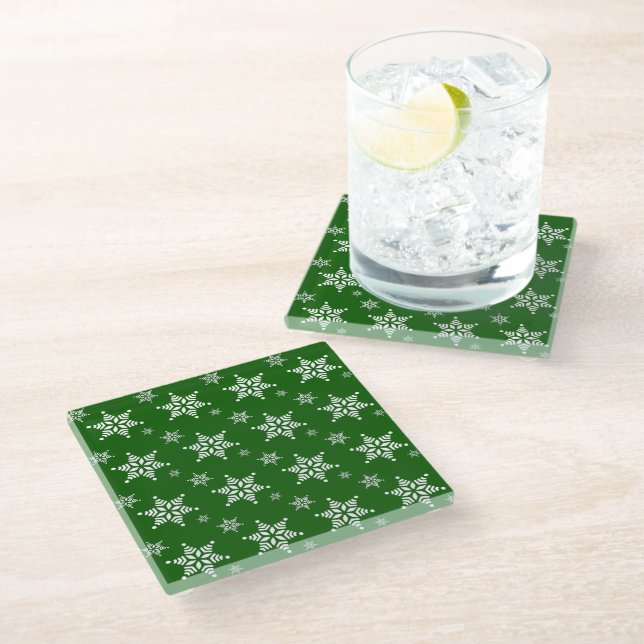 Snowflake Pattern, White Snowflakes, Snow, Green Glass Coaster (Angled)