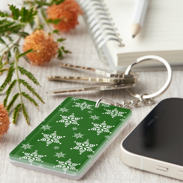 Snowflake Pattern, White Snowflakes, Snow, Green Keychain (Front Right)