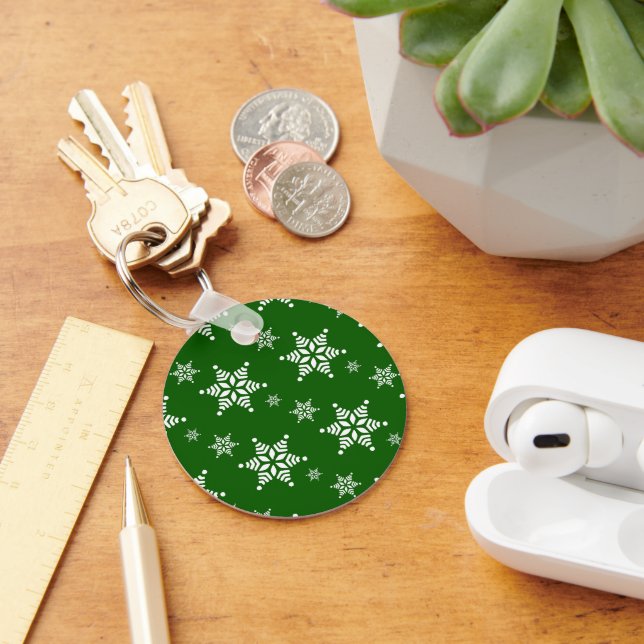 Snowflake Pattern, White Snowflakes, Snow, Green Keychain (Desk)