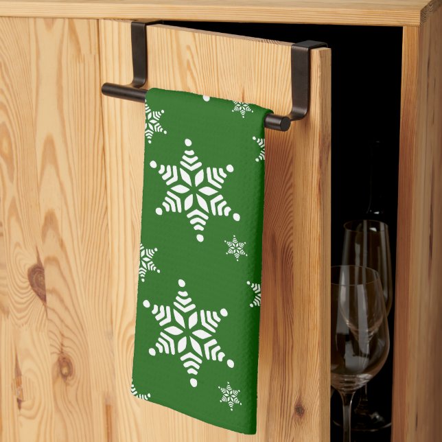 Snowflake Pattern, White Snowflakes, Snow, Green Kitchen Towel (Thirds Fold)