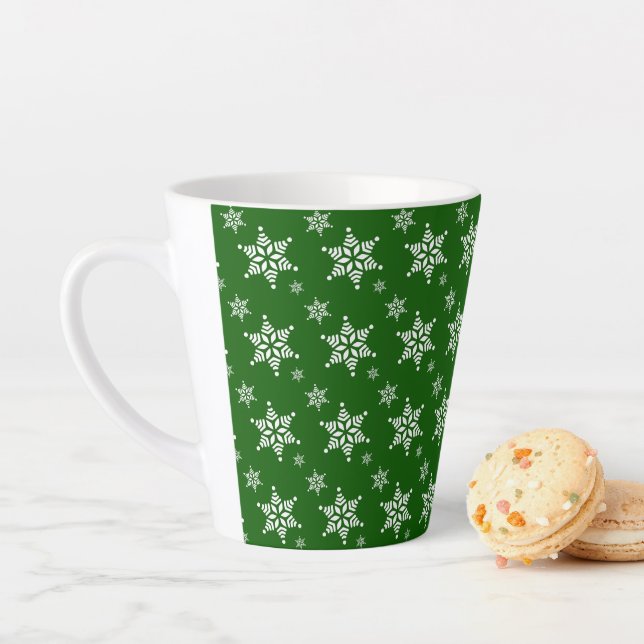 Snowflake Pattern, White Snowflakes, Snow, Green Latte Mug (In Situ)