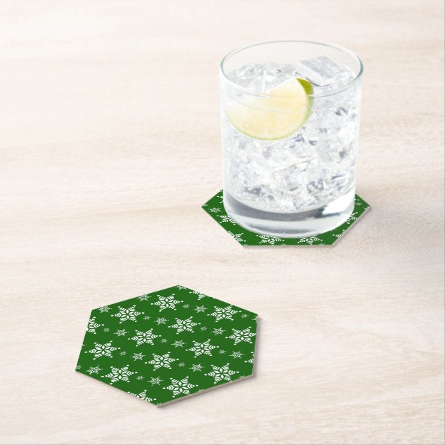 Snowflake Pattern, White Snowflakes, Snow, Green Paper Coaster (Insitu)
