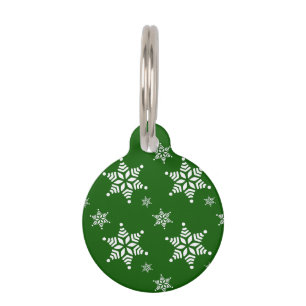 Snowflake Pattern, White Snowflakes, Snow, Green Pet Tag