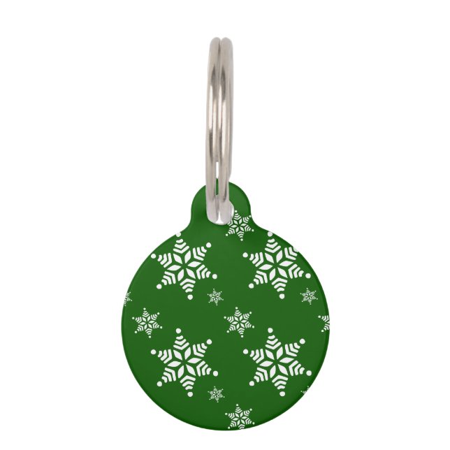 Snowflake Pattern, White Snowflakes, Snow, Green Pet Tag (Front)