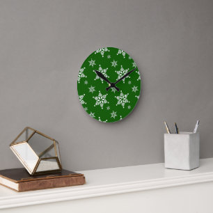 Snowflake Pattern, White Snowflakes, Snow, Green Round Clock