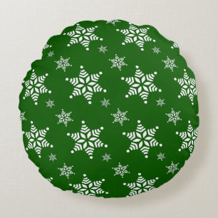 Snowflake Pattern, White Snowflakes, Snow, Green Round Pillow