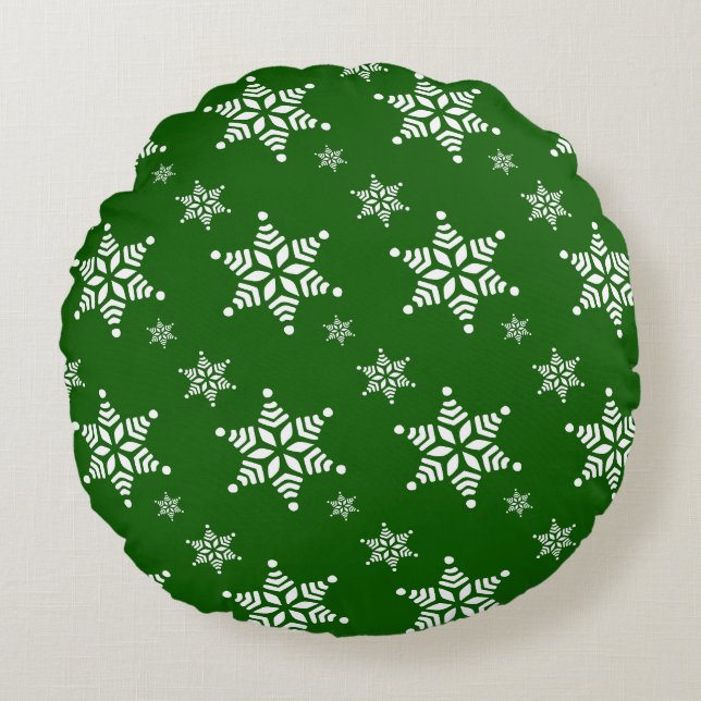 Snowflake Pattern, White Snowflakes, Snow, Green Round Pillow (Front)