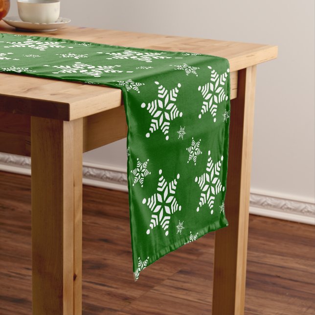 Snowflake Pattern, White Snowflakes, Snow, Green Short Table Runner (In Situ)