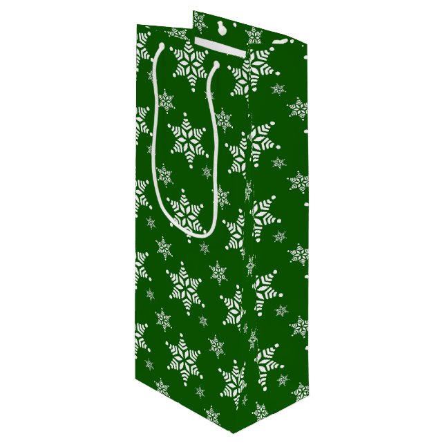 Snowflake Pattern, White Snowflakes, Snow, Green Wine Gift Bag (Front Angled)