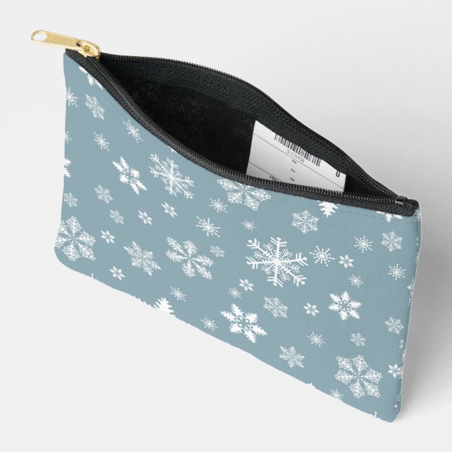 Snowflake Pattern, White Snowflakes, Snow, Grey Accessory Pouch (Open)