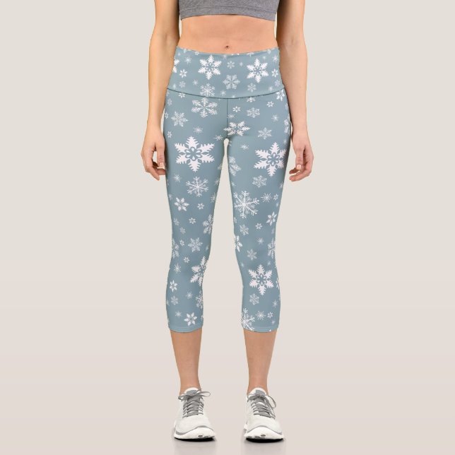 Snowflake Pattern, White Snowflakes, Snow, Grey Capri Leggings (Front)