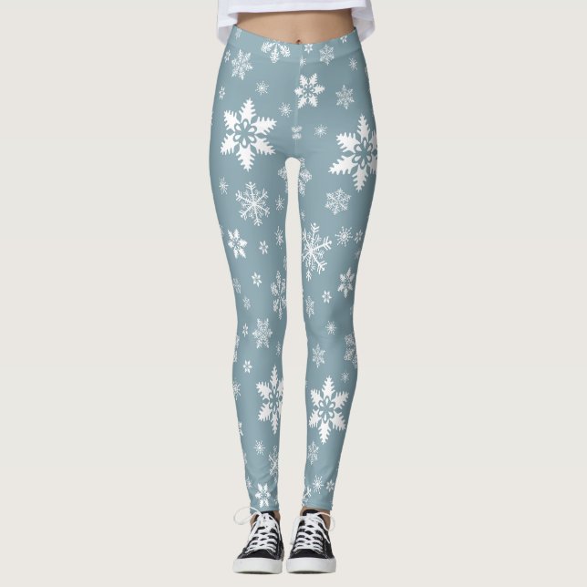 Snowflake Pattern, White Snowflakes, Snow, Grey Leggings (Front)