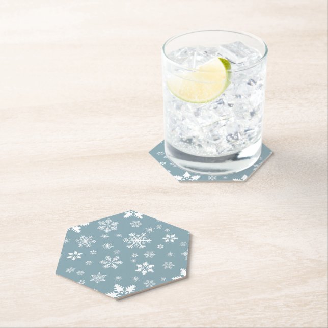 Snowflake Pattern, White Snowflakes, Snow, Grey Paper Coaster (Insitu)