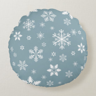 Snowflake Pattern, White Snowflakes, Snow, Grey Round Pillow