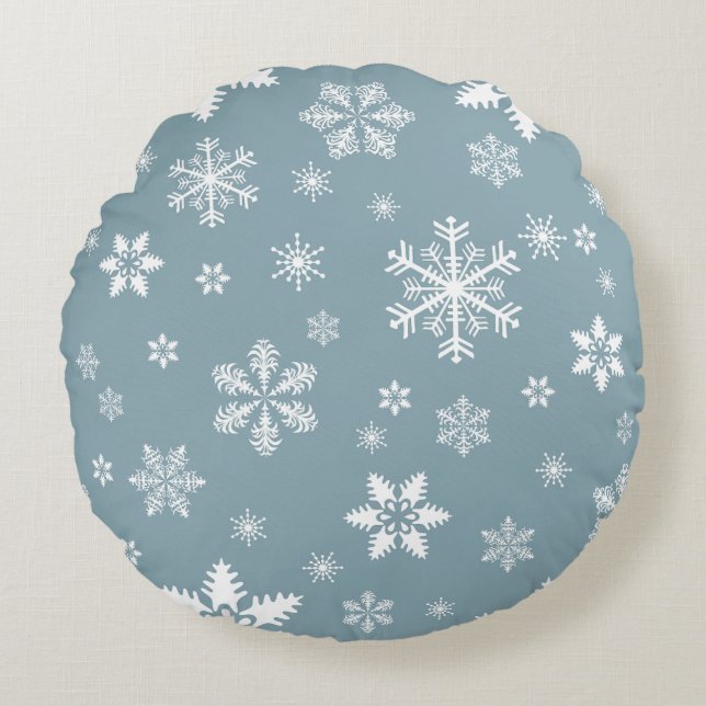 Snowflake Pattern, White Snowflakes, Snow, Grey Round Pillow (Front)