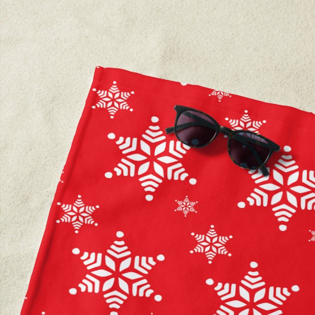 Snowflake Pattern, White Snowflakes, Snow, Red Beach Towel (In Situ)