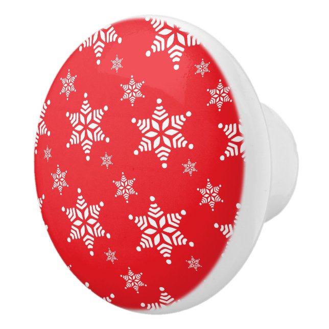Snowflake Pattern, White Snowflakes, Snow, Red Ceramic Knob (Right)