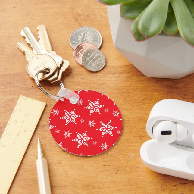 Snowflake Pattern, White Snowflakes, Snow, Red Keychain (Desk)