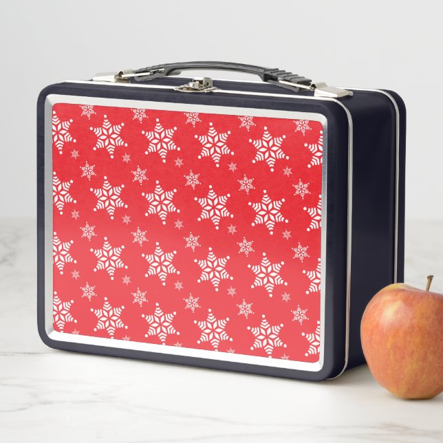 Snowflake Pattern, White Snowflakes, Snow, Red Metal Lunch Box (In Situ)