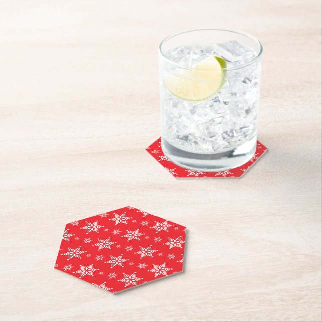 Snowflake Pattern, White Snowflakes, Snow, Red Paper Coaster (Insitu)