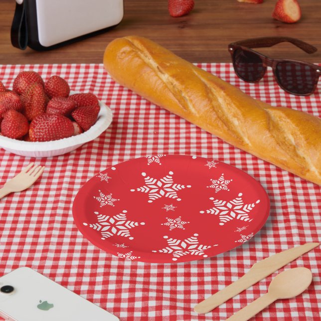 Snowflake Pattern, White Snowflakes, Snow, Red Paper Plate (Picnic)