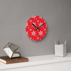 Snowflake Pattern, White Snowflakes, Snow, Red Round Clock