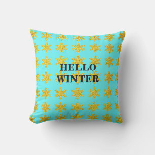 Snowflake Patterns Winter Typography Blue Golden Outdoor Pillow