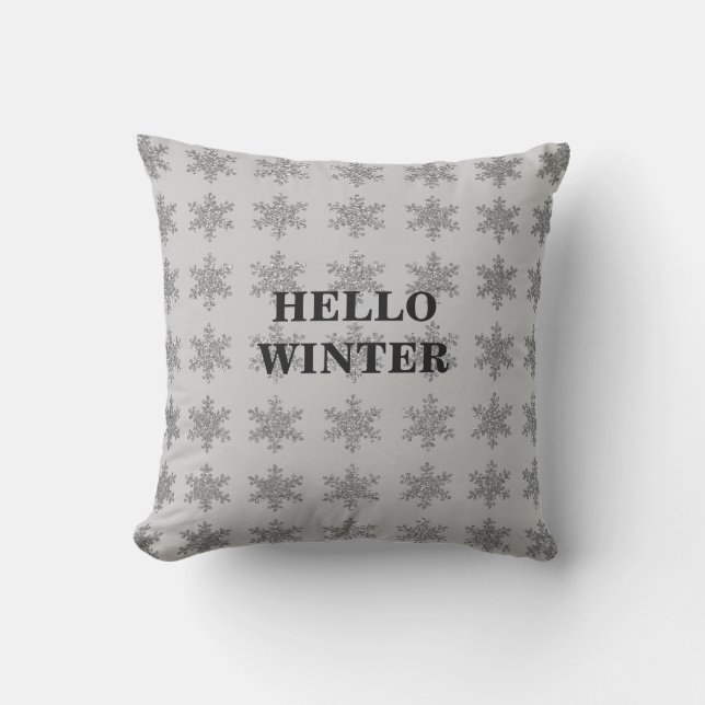Snowflake Patterns Winter Typography Sparkle Grey Outdoor Pillow (Front)