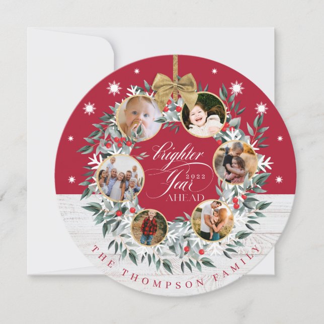 Snowflake Photo Collage Wreath Red & White Wood Holiday Card (Front)