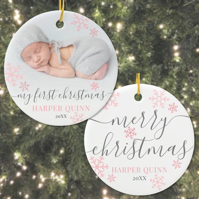 Snowflake Photo Girl Baby First Christmas Ceramic Ornament (Snowflake Photo Girl Baby First Christmas Ceramic Ornament )