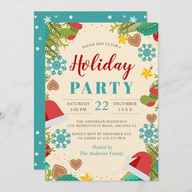 Snowflake Pine Tree Teal Blue Holiday Party Invitation (Front/Back)