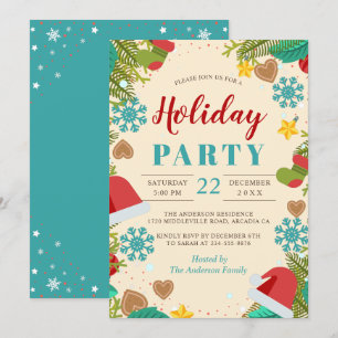 Snowflake Pine Tree Teal Blue Holiday Party Invitation