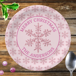 Snowflake Pink Glam Celebration Christmas Paper Plate