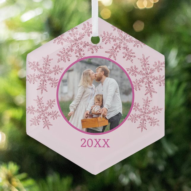 Snowflake Pink Glam Cute Family Photo Christmas Glass Ornament (Add your photo to the faux sparkle pink snowflake design for one of a kind Christmas ornaments)