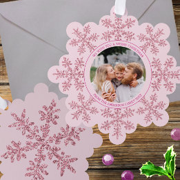 Snowflake Pink Glam Cute Family Photo Christmas Ornament Card