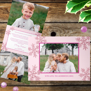Snowflake Pink Glam Elegant 5 Photo Collage Tri-Fold Holiday Card