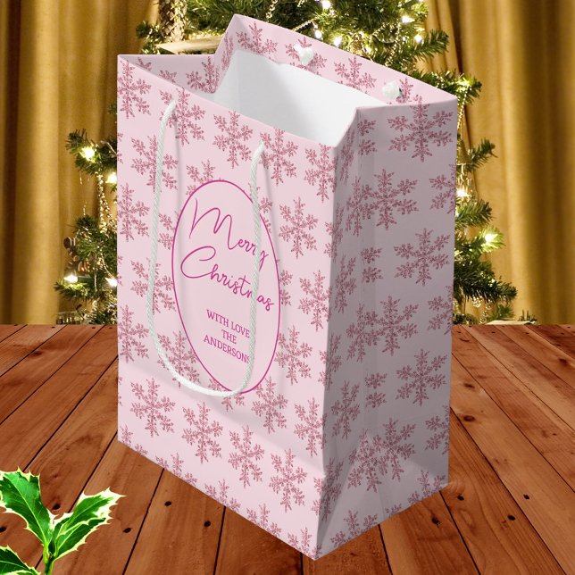 Snowflake Pink Glam Pattern Christmas Script Medium Gift Bag (Up your gifting game with designer gift bags in a chic pattern of pink faux glitter snowflakes)