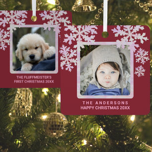 Snowflake Pink Opal 2 Photo Double Sided Cute Metal Ornament