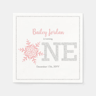 Snowflake Pink & Silver Glitter 1st Birthday Napkin