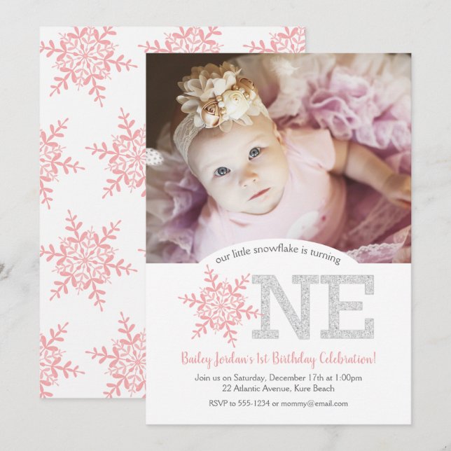 Snowflake Pink Silver  Glitter 1st Birthday Photo Invitation (Front/Back)