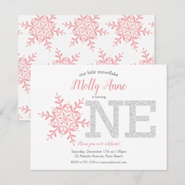 Snowflake Pink Silver Glitter Winter 1st Birthday Invitation (Front/Back)