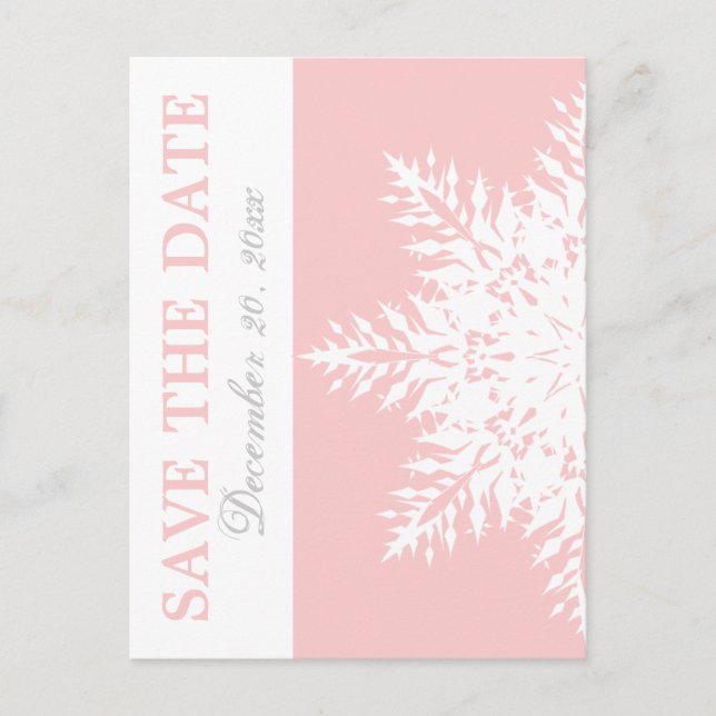 Snowflake pink winter wedding Save the Date Announcement Postcard (Front)