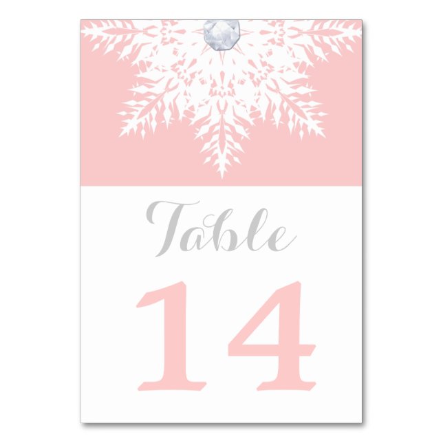Snowflake pink winter wedding table number (Front)