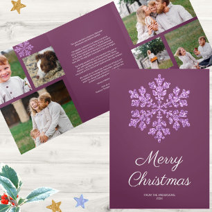 Snowflake Plum Bling 6 Pic Merry Multi Photo Tri-Fold Holiday Card