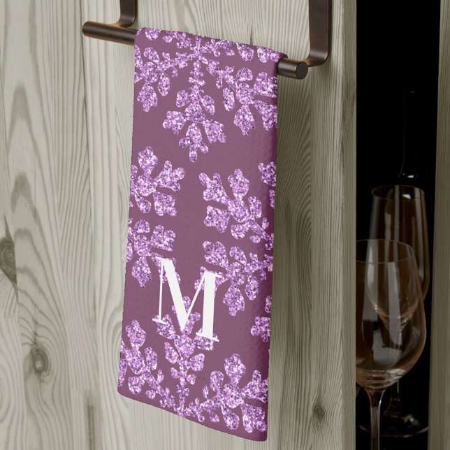 Snowflake Plum Bling Chic Monogram Christmas Kitchen Towel (Add your monogram to these plum purple & snowflake Christmas kitchen towels for personalized gifts)