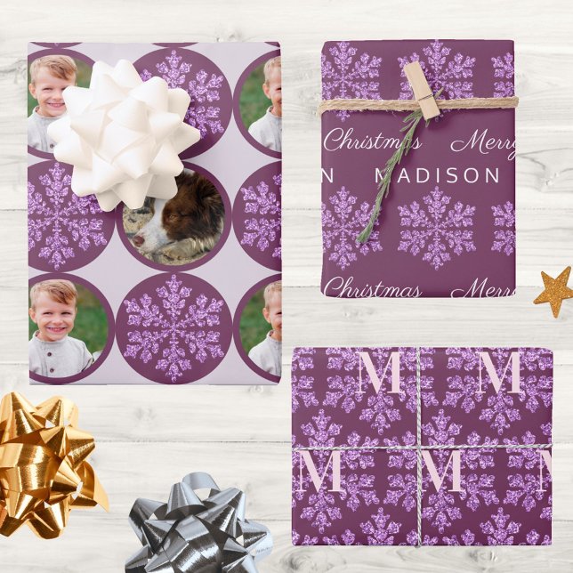 Snowflake Plum Bling Classic 2 Photo Christmas Wrapping Paper Sheet (Three designs you can personalize makes this plum purple & snowflake gift wrap so fun for Christmas)