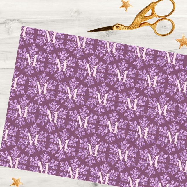Snowflake Plum Bling Rustic Pattern Monogram Tissue Paper (Personalized Christmas tissue paper in dark plum purple with snowflakes and your monogram initial)