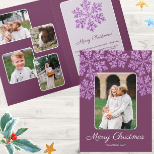 Snowflake Plum Bling Trendy Script Chic 5 Photo Holiday Card