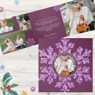 Snowflake Plum Bling Unique 7 Pic Multi Photo Tri-Fold Holiday Card