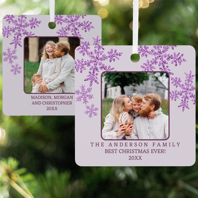 Snowflake Purple Glam Elegant 2 Photo Christmas Metal Ornament (This 2 photo Christmas ornament allows for separate photos and text on each side for custom gifts)